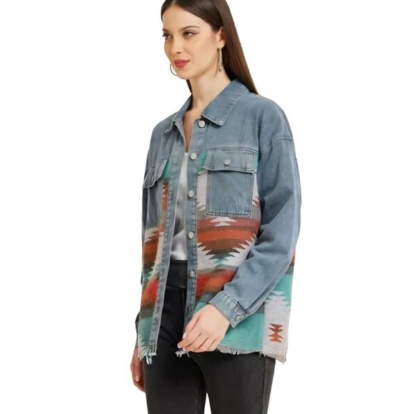 Denim Southwest Western Mixed Media Shacket Flap Pockets Raw Hem Size XL - Picture 6 of 11
